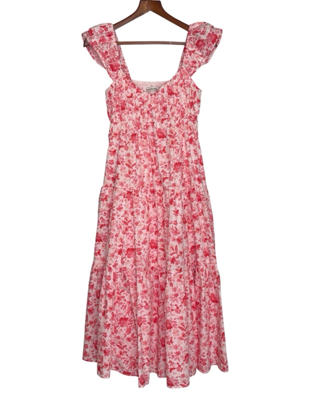 Abercrombie & Fitch Ruched Flutter Sleeve Long Midi/Maxi Dress Pink Floral XS - Picture 5 of 12